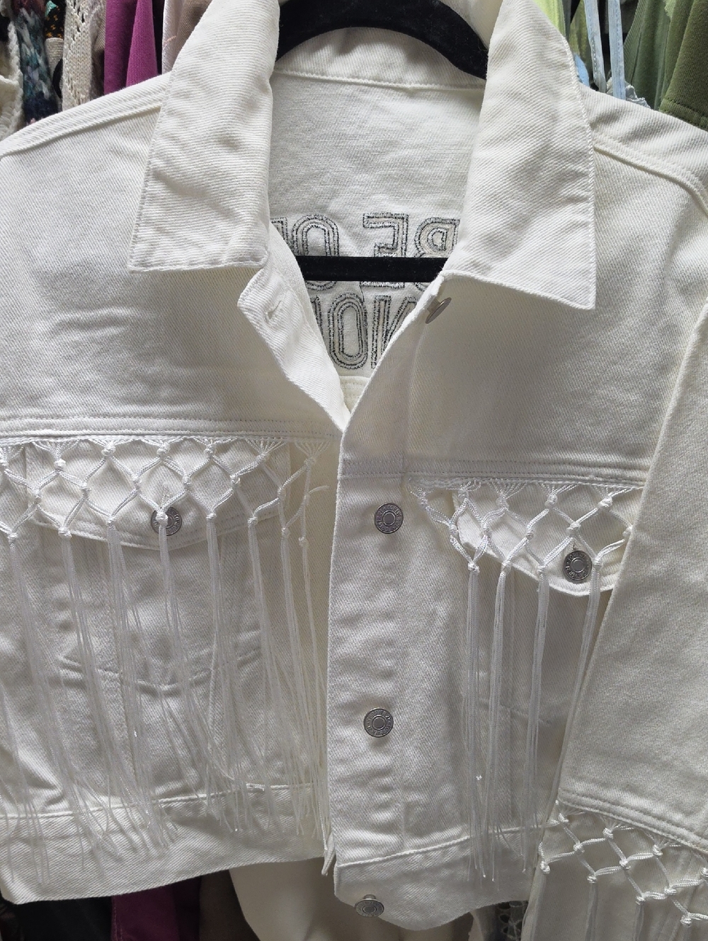 Forever 21 "Babe Of Honor" White Denim Jacket With Fringe Detail - Picture 3 of 5